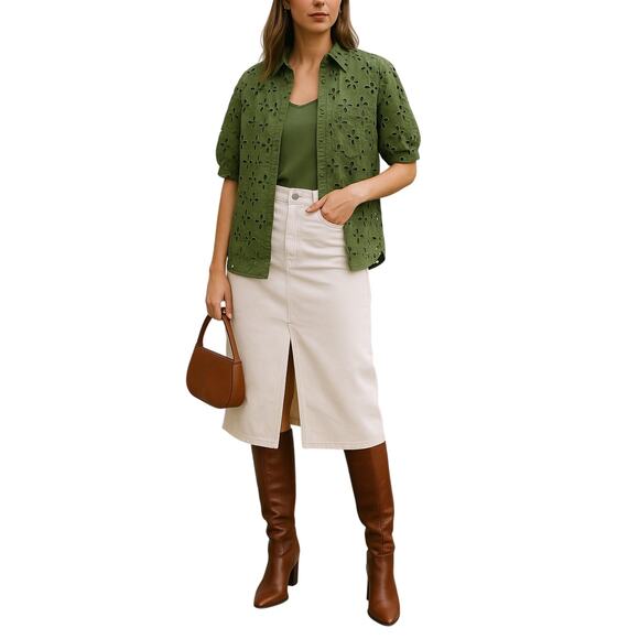 J.Crew Mozy Green Eyelet Top Sz 4 Puff Sleeve Boho Earthy Lagenlook Blouse - Picture 1 of 14